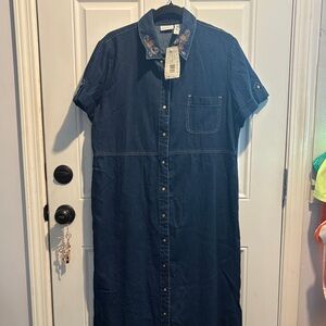 Vintage White Stag Dark Denim Maxi Shirt Dress with Embroidered Collar